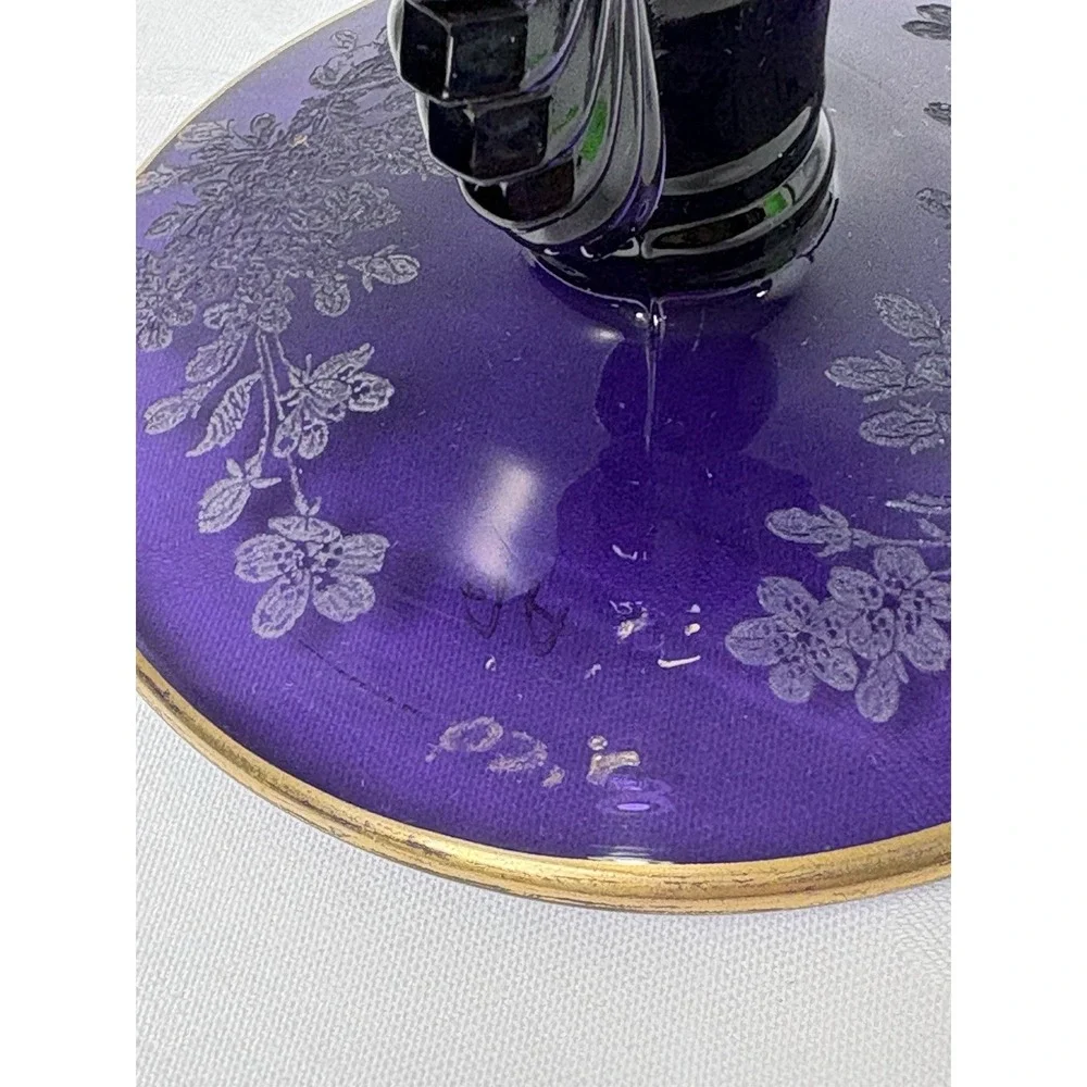 2 VTG Paden City Purple Amethyst Glass Art Deco Candlesticks Maya Ardith Etching